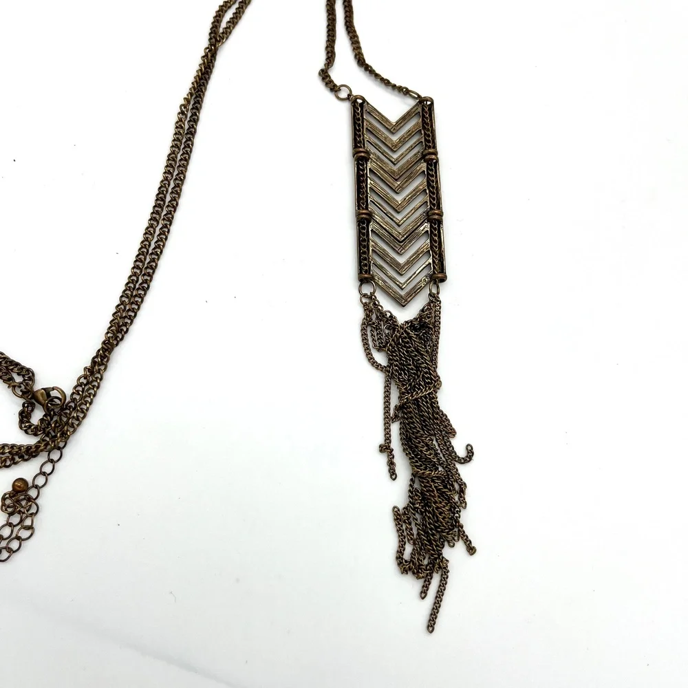 Chevron Tassel Pendant‎ Necklace Bronze Tone Long Chain Fashion Jewelry